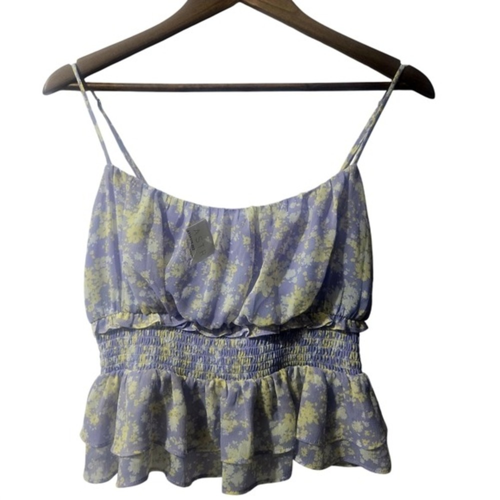 Astr The Label Peplum Cami‎ Crop Top MED Purple Yellow Floral Ruffle Hem NWT